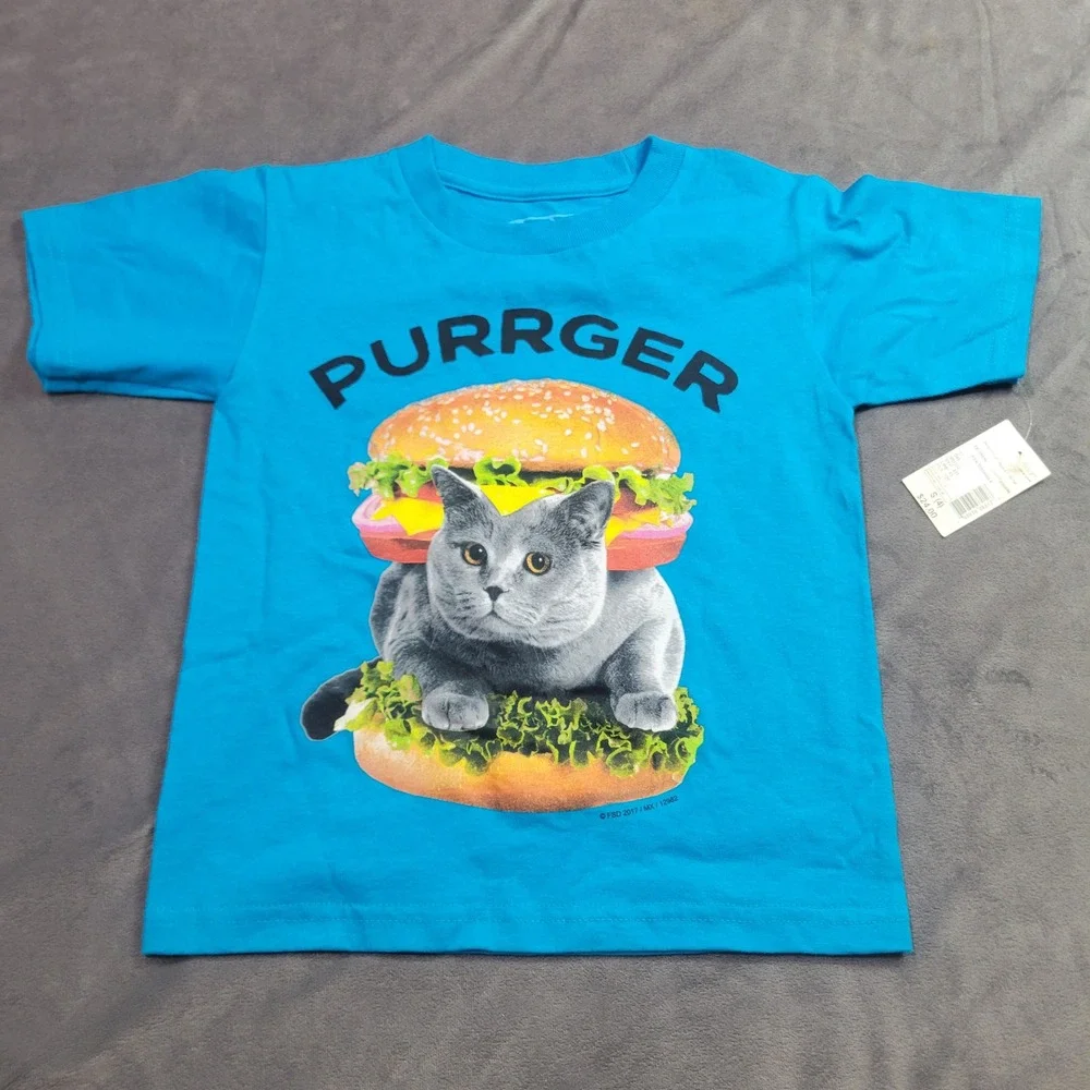 Rudeboyz Boys Purrger Cat Burger Graphic Tee Turquoise‎ Blue Size S 4 NWT